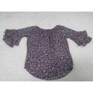 Chaps Shirt Womens Petite Small Black Purple Floral Ruffle Sleeve Peasant Boho
